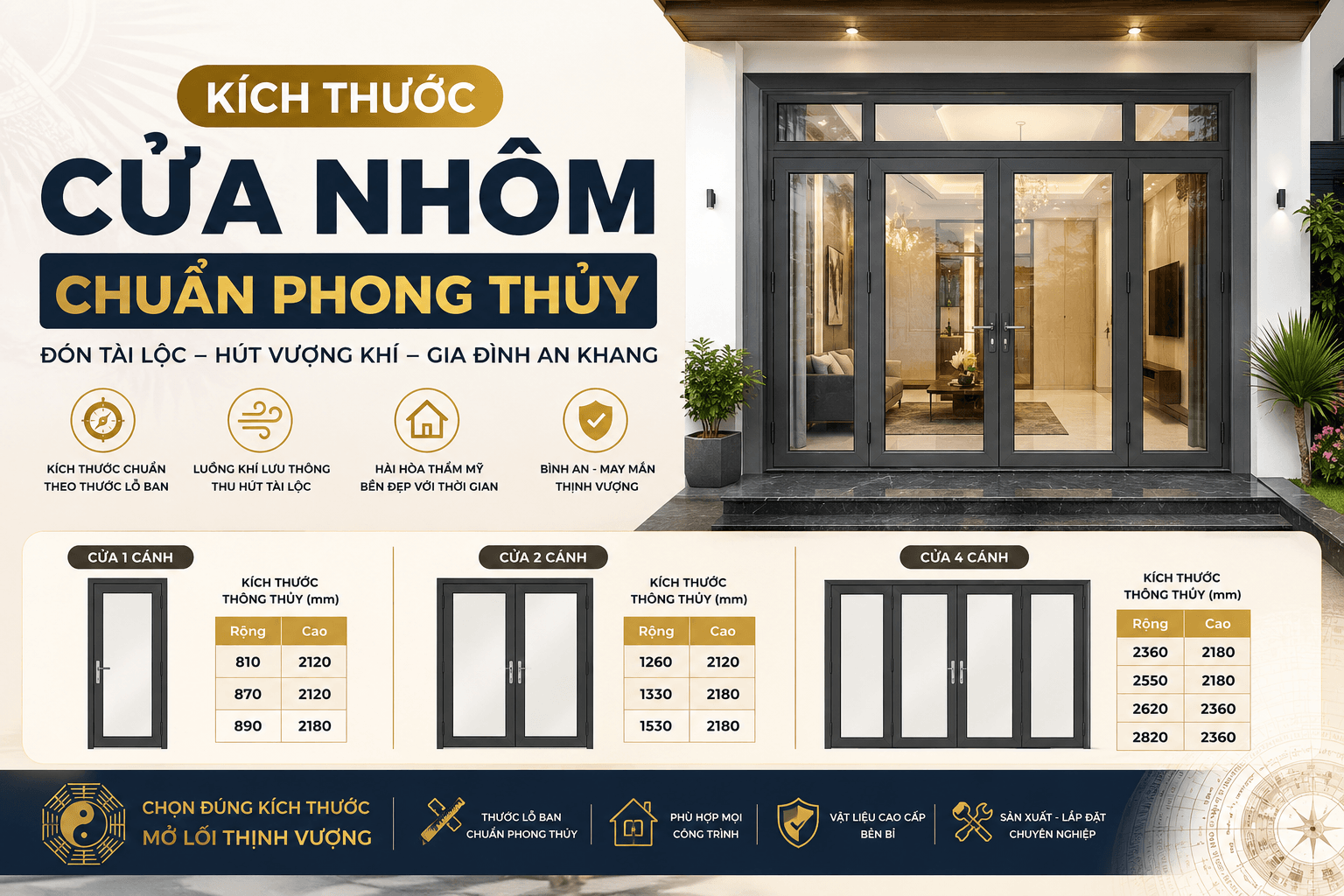 Tìm hiểu kích thước cửa chuẩn phong thủy theo thước Lỗ Ban, cách chọn cửa chính, cửa phòng ngủ, cửa nhà vệ sinh đúng kích thước giúp thu hút tài lộc, bình an và may mắn cho gia đình.
