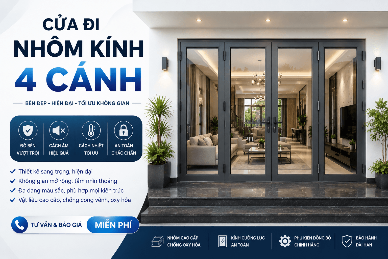 Báo giá cửa nhôm kính 2026 cửa đi 4 cánh